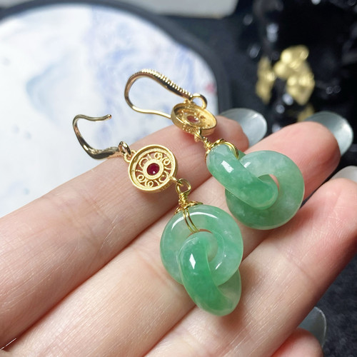 0610号925纯银天然缅甸翡翠a货冰种甜果绿环环相扣耳勾一图一物