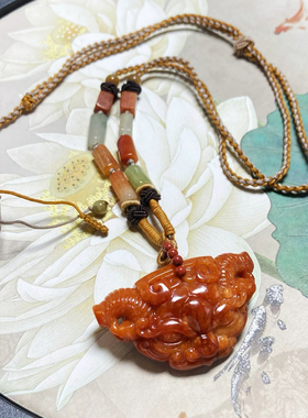 0764号国风天然缅甸翡翠a货老料无烧红翡神兽饕餮毛衣链