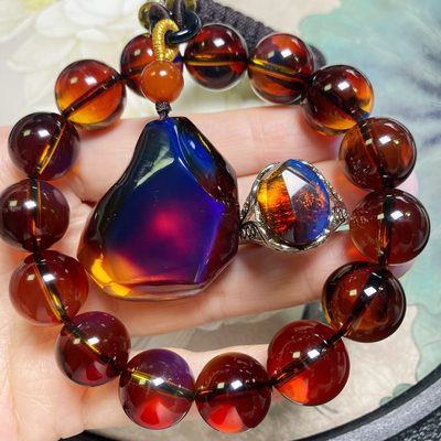 4790天然无优化矿标级墨西哥红蓝珀三件套原图拍摄一图一物