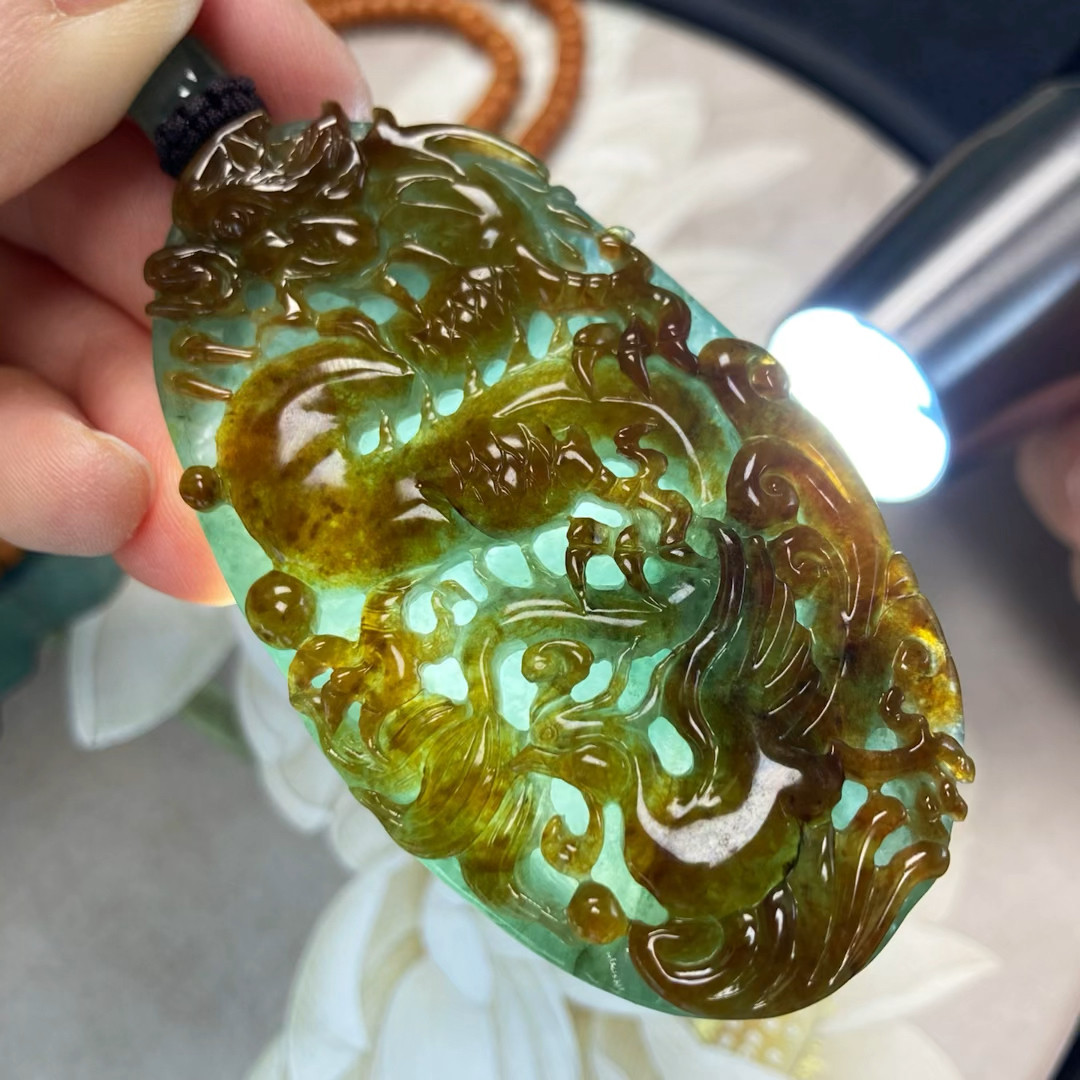 9316号新中式国风天然缅甸翡翠a货腾冲老料红翡青绿料龙凤毛衣链