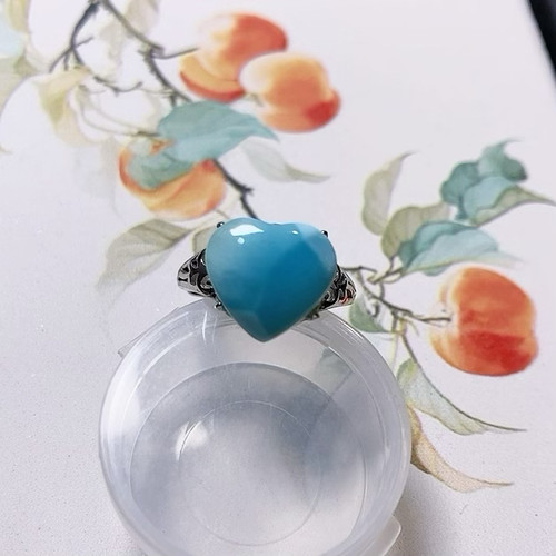 天然多米尼加海纹石龟背纹925银爱心食指戒蓝白半玉化料HWS016