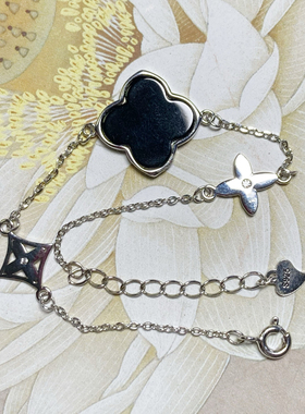 M0001号天然缅甸翡翠a货墨翠全透大四叶草纯银手链一图一物