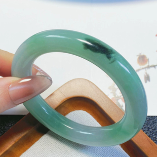 0138号 天然缅甸翡翠a货细糯冰淡春彩胖圆条手镯 51圈口