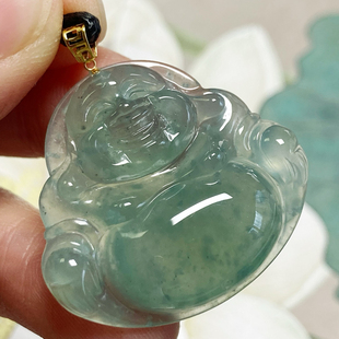 2678号18k黄金扣天然缅甸翡翠a货高冰木那绵晴绿佛一图一物