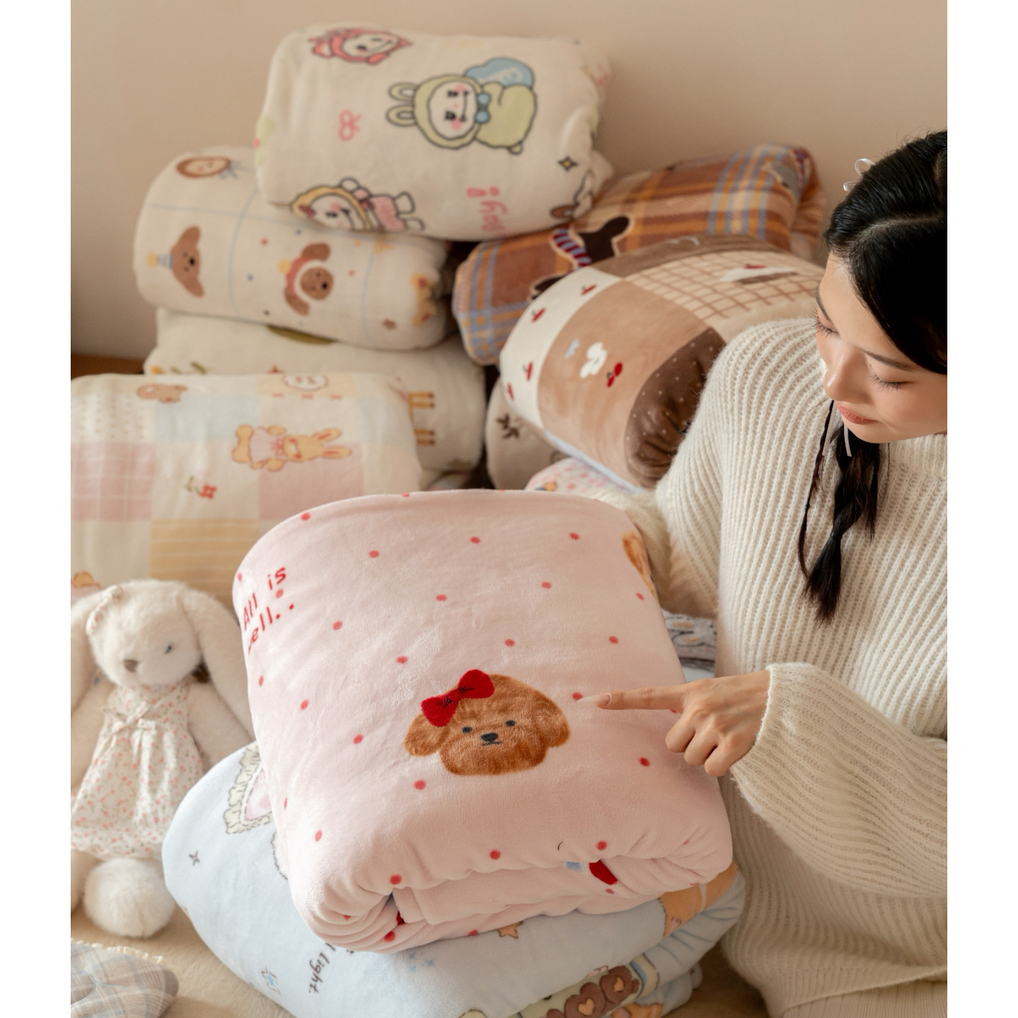 卡通小狗秋冬加厚牛奶绒被套枕套