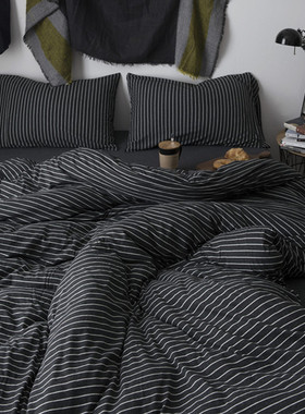 日式条纹天竺棉针织棉床单床笠款四件套灰色纯色简约床笠床单款