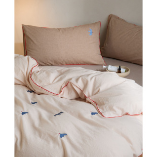 色织水洗棉全棉刺绣四件套简约日式 撞色小清新纯棉三件套床单被套