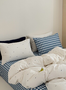 蓝调飞鸟集 全棉格子简约纯色被套床单床笠枕套单件单品撞色ins风
