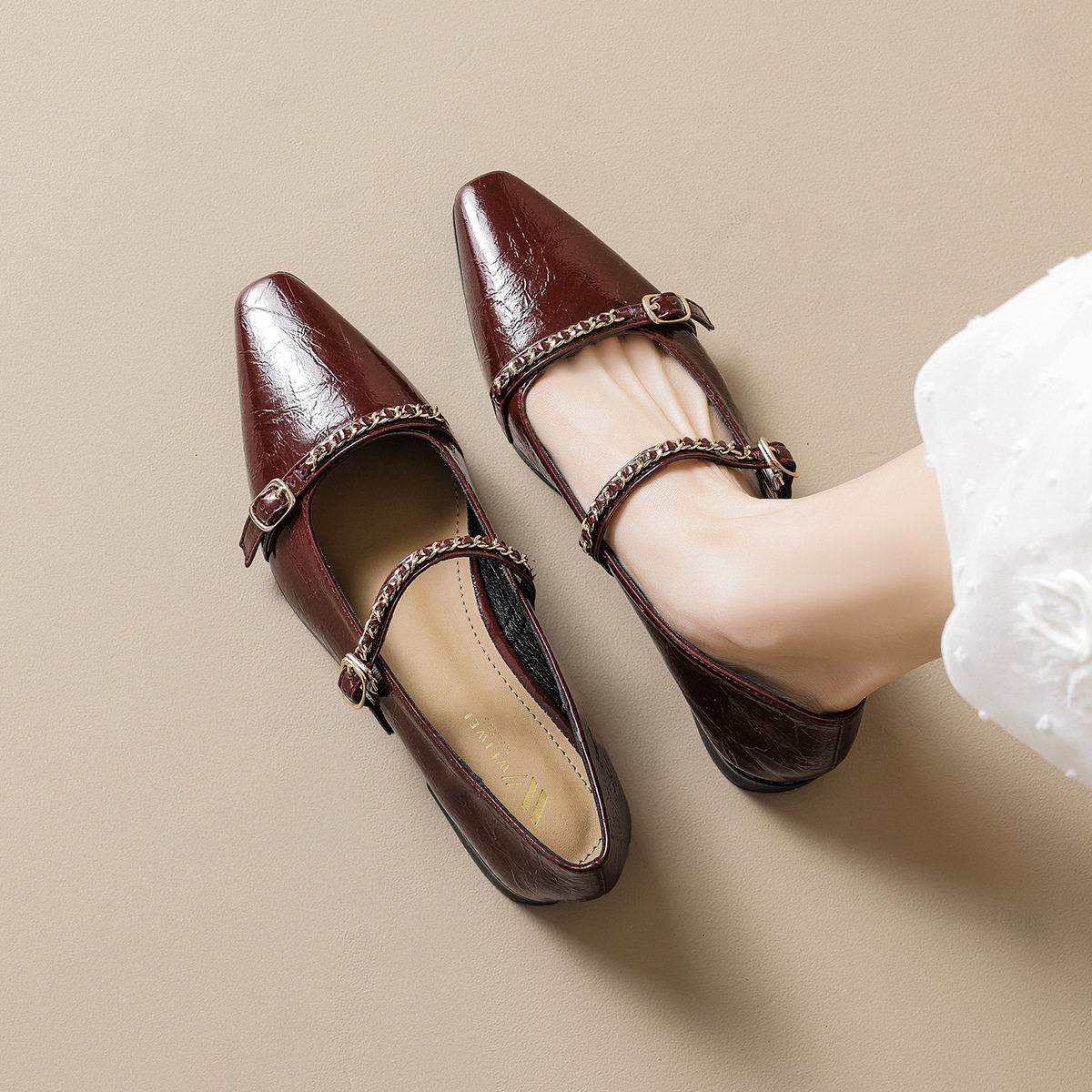 小香风一字带链条平底单鞋女复古尖头玛丽珍女鞋,女鞋,玛丽珍鞋,淘宝优惠券,粉丝福利购,淘宝优惠卷