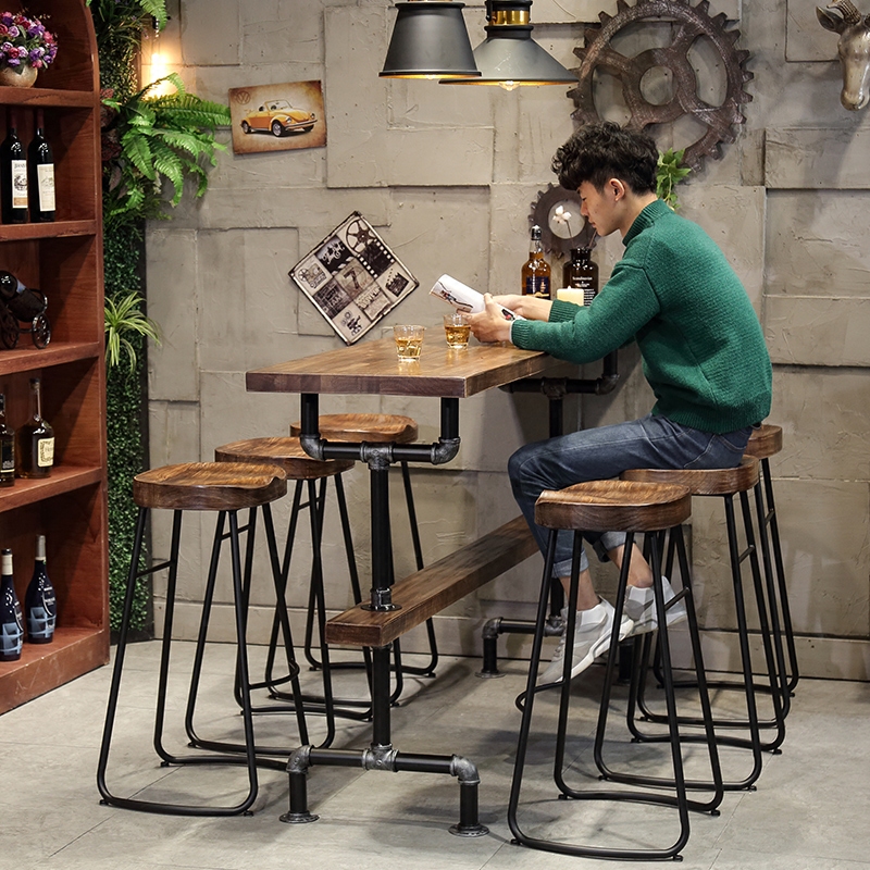 美式工业咖啡奶茶店酒吧阳台靠窗实木高脚长条窄桌吧台桌椅子家用