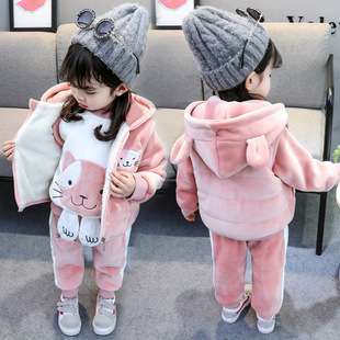 女童装 3岁 婴儿童衣服加绒加厚卫衣三件套装 女小童洋气冬装