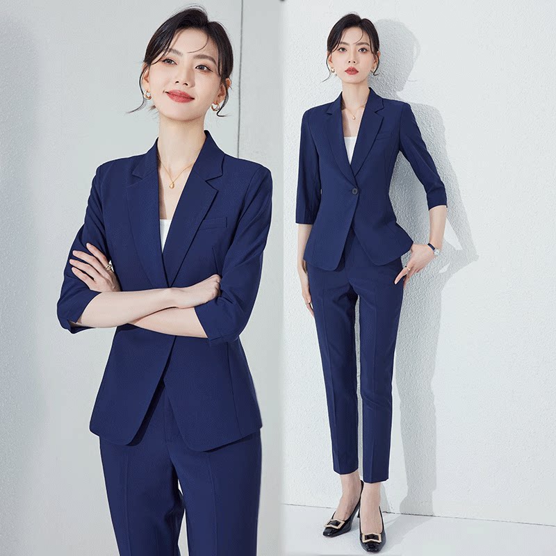 高端大气干练深蓝色职业西装套装女夏季薄款气质修身通勤商务正装