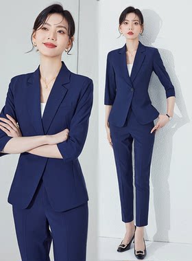 夏季薄款深蓝修身职业西装套装女
