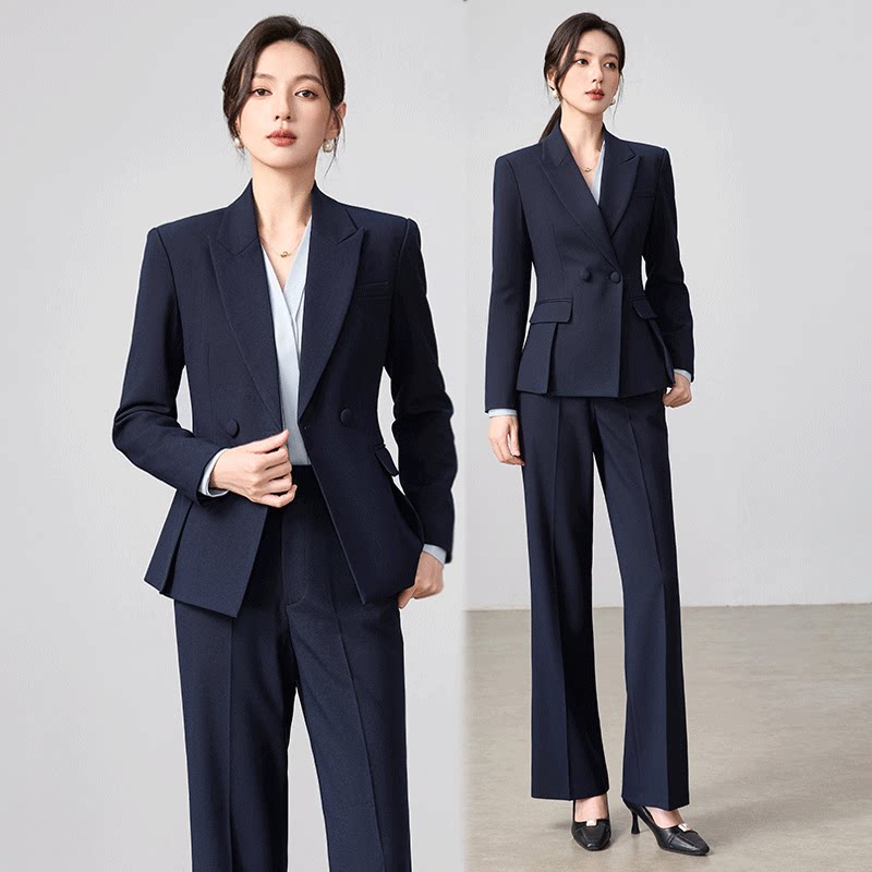 商务风深蓝色西装套装女秋气质修身长裤职业正装通勤高级感工作服