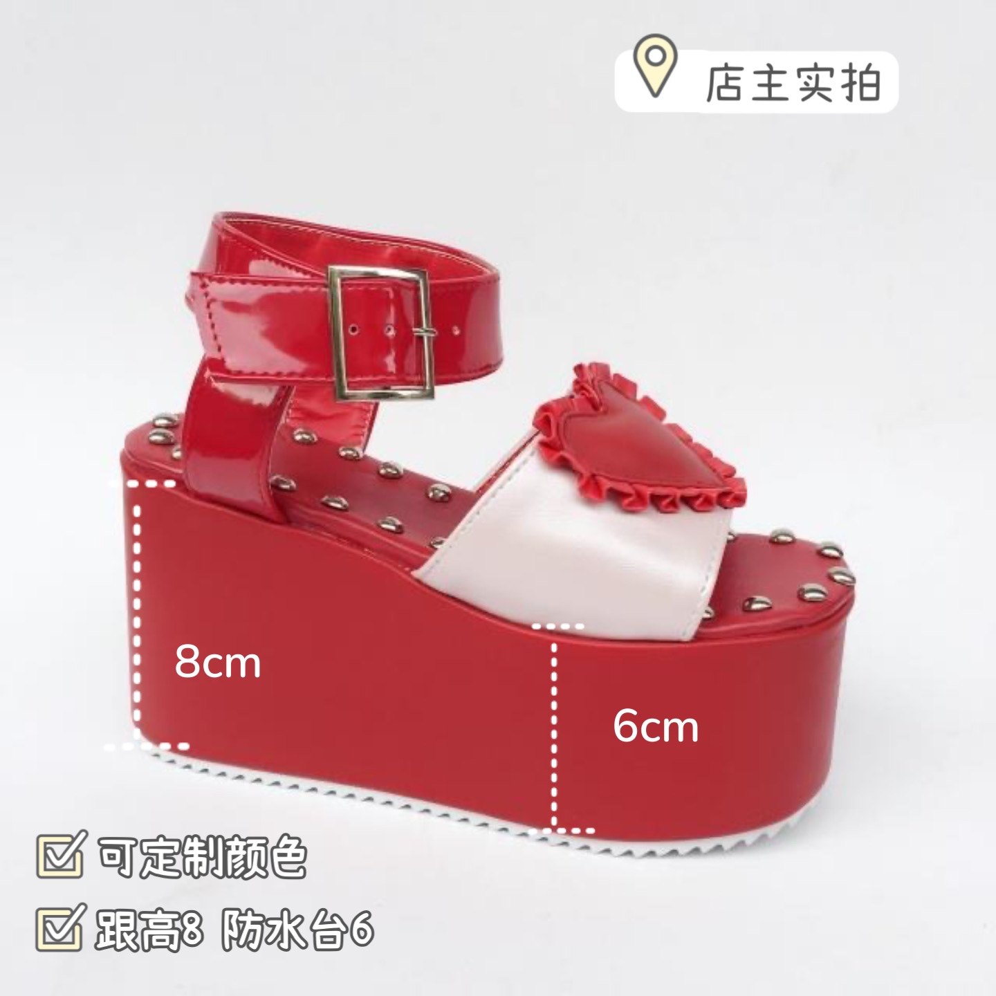 店主实拍爱心花边凉鞋露脚趾松糕凉鞋花边时尚街拍厚底宽一字带