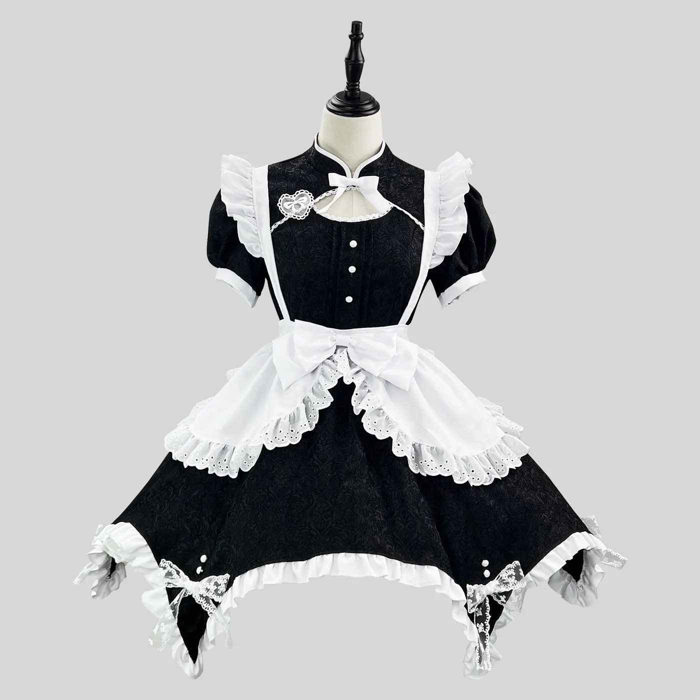 原创 黑白提花中华娘cos女仆lolita女仆装 大码COS女仆服中式旗袍