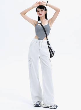 Mike&白色牛仔阔腿裤女2025夏季新款设计感个性工装口袋拖地裤