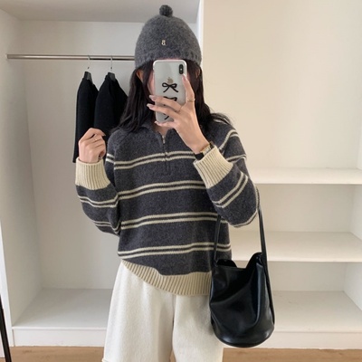 egg韩系条纹毛衣绵羊绒版拉链翻领立领毛衣女上衣百搭软糯秋冬