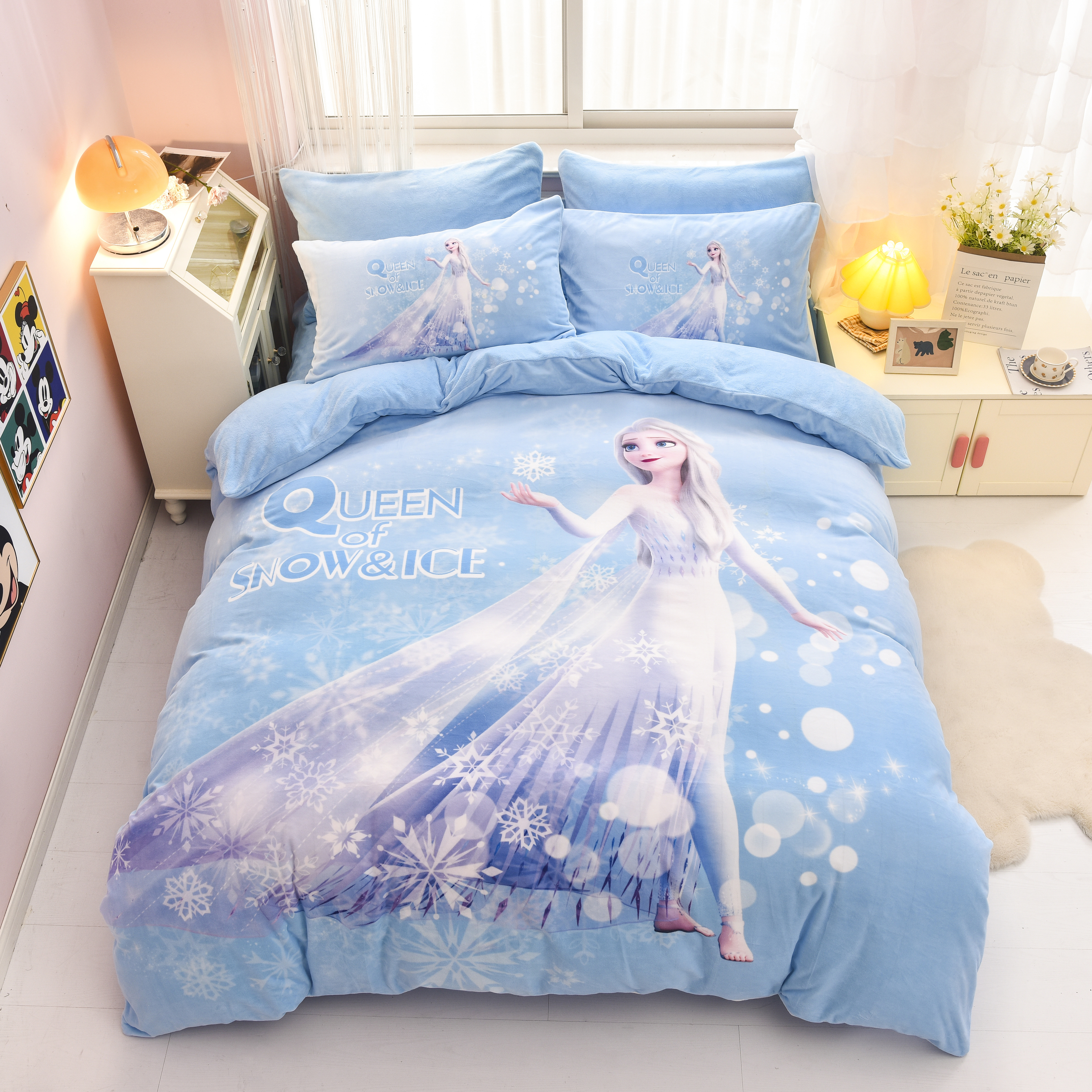 迪士尼牛奶绒四件套女孩冰雪奇缘卡通爱莎加绒被套珊瑚绒床上用品