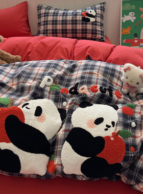 红色格子熊猫全棉四件套纯棉床单被套床上用品加大床品1.8m四季款