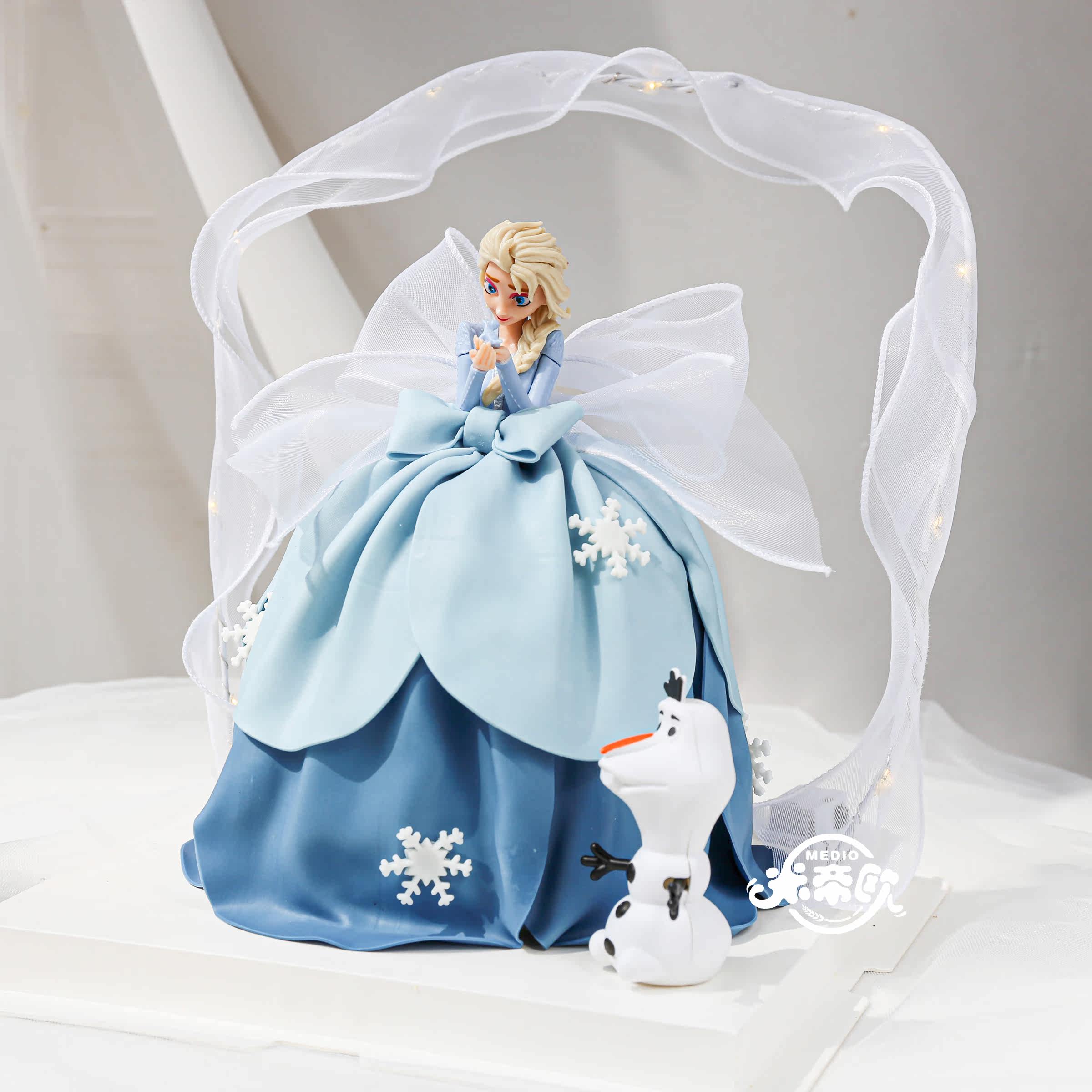 米帝欧翻糖冰雪奇缘艾莎公主带灯飘带奶油生日蛋糕北京同城配送