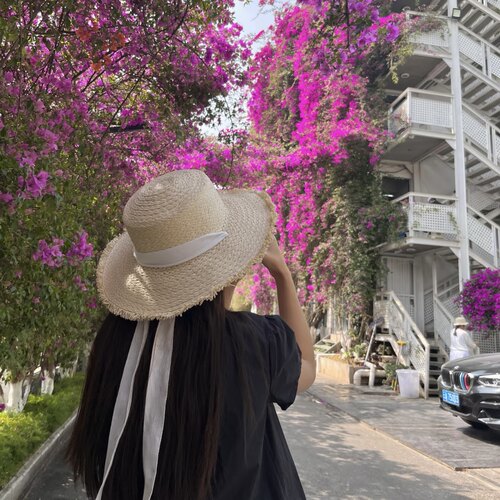 法式系带草帽女夏毛边拉菲草帽子蝴蝶结沙滩赫本风蕾丝太阳帽大沿