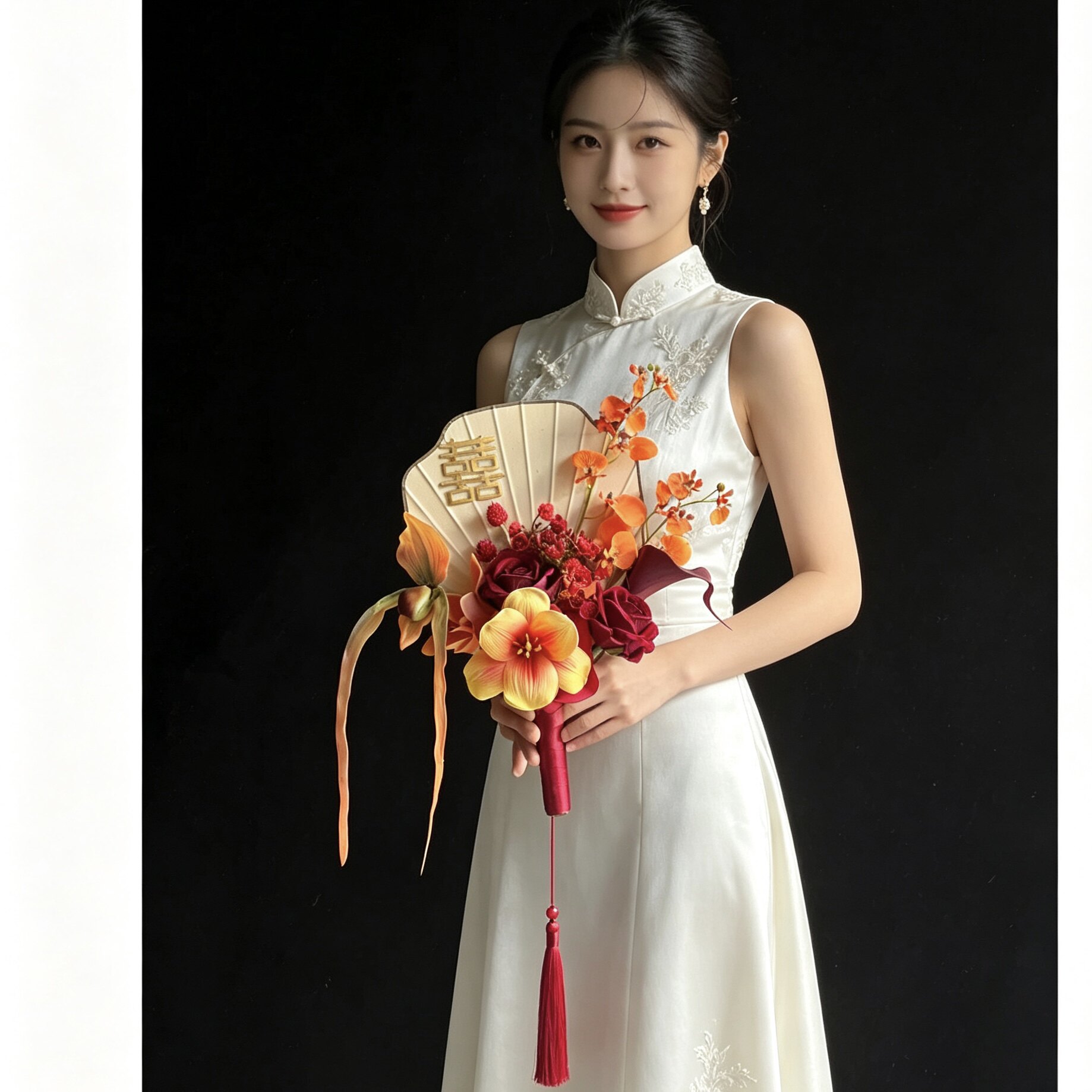 原创新中式南洋风团扇新娘仿真花手捧花秀禾晨袍花扇藤环结婚花艺