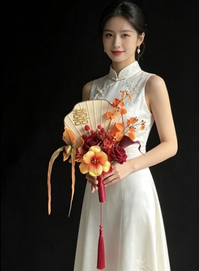 原创新中式南洋风团扇新娘仿真花手捧花秀禾晨袍花扇藤环结婚花艺