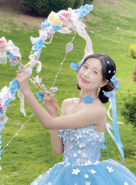 外景森系婚纱照道具蓝色绣球花朵弓箭粉色粘花蕾丝蝴蝶结竹木弓箭