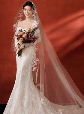 婚纱照复古高级感新娘花边头纱婚礼3米超长椭圆头纱复古手捧花新