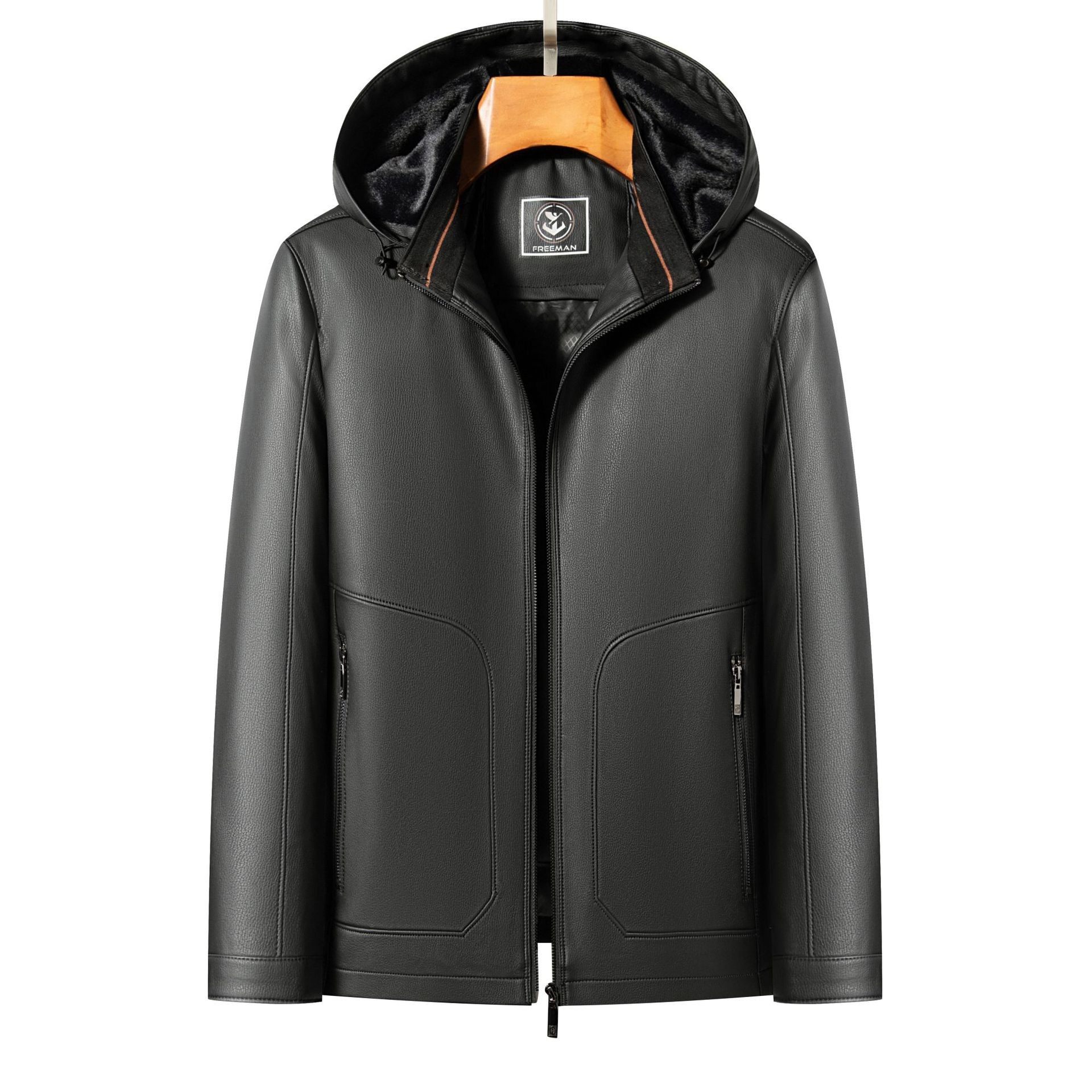 海宁秋冬季可脱卸帽男士真皮皮衣夹克中青年带帽羽绒服绵羊皮外套