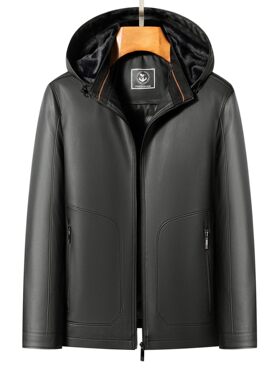 海宁秋冬季可脱卸帽男士真皮皮衣夹克中青年带帽羽绒服绵羊皮外套