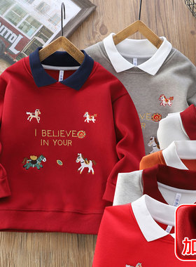 男童棉一体加奥粒绒翻领Polo过新年卫衣冬新中大儿童装红色马年服