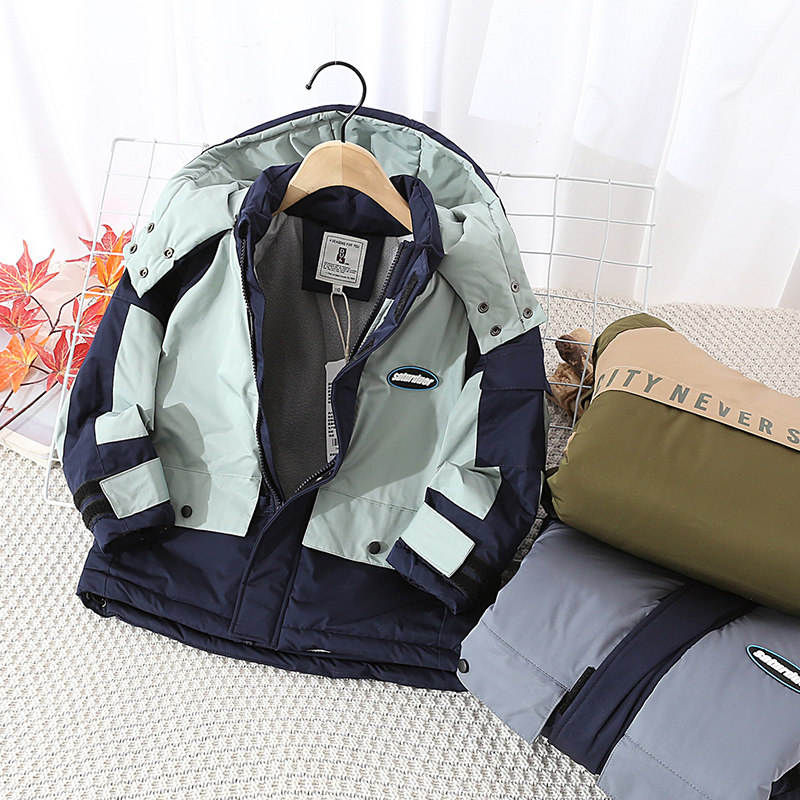 儿童装拼接加厚夹棉连带帽休闲棉衣服男童摇粒绒内里棉袄外套冬款