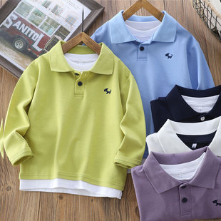 男童纯色珠地棉长袖 POLO衫 春秋2025新中大儿童装 假两件T恤打底衫