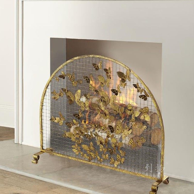 客厅欧式铁艺蝴蝶壁炉架真火防火护栏带网金色壁炉罩屏风带网隔断,住宅家具,座屏,淘宝优惠券,粉丝福利购,淘宝优惠卷