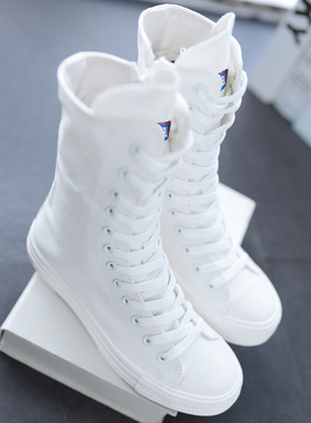 纯白色表演鞋高帮街舞2021秋季新款韩版显瘦帆布鞋马丁靴百搭拉链