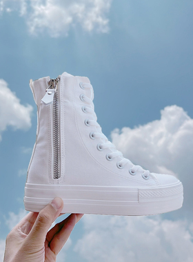 2022新款ins潮韩版高帮厚底白色内增高休闲高筒帆布鞋百搭街拍款