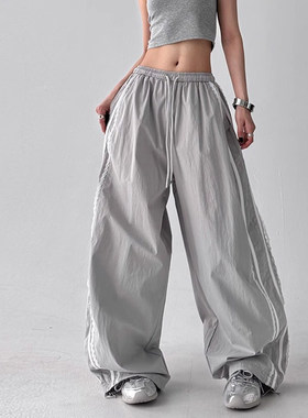 韩舞团灰色速干工装裤女夏季薄款辣妹宽松蕾丝边休闲运动直筒阔腿