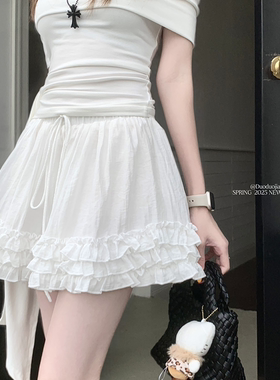 白色芭蕾风蛋糕半身裙女夏季新款甜美木耳边蓬蓬a字裙显瘦短裙子