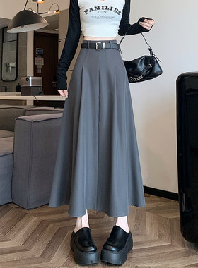 灰色西装百褶半身裙女装早秋新款垂感显瘦A字伞裙百搭大摆长裙子
