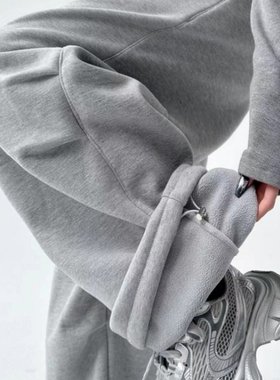 韩舞团秋冬加绒加厚灰色卫裤女2026新款高腰直筒宽松休闲阔腿裤子