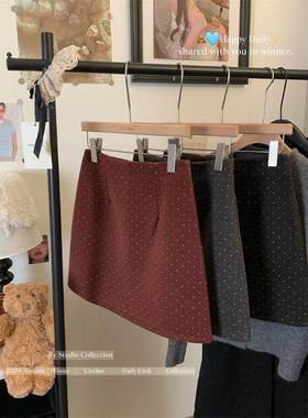 灰色波点毛呢辣妹半身裙女秋冬简约百搭高腰a字裙防走光显瘦短裙