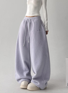 韩舞团紫色摇粒绒卫裤女冬季美式高腰宽松加绒加厚保暖裤运动阔腿