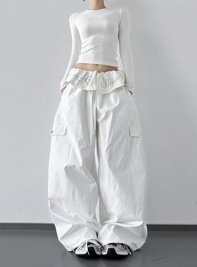韩舞团白色复古工装裤女2026新款春秋高腰显瘦直筒阔腿裤休闲长裤