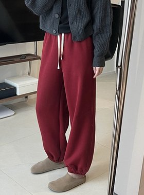 AD安可拉红色抽绳加厚卫裤女秋冬松紧腰宽松显瘦保暖运动休闲裤子
