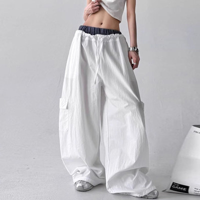韩舞团白色速干工装裤女夏季薄款辣妹多口袋美式双腰头运动直筒阔