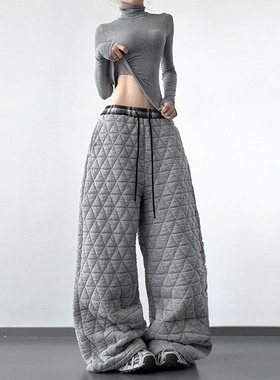 韩舞团复古灰色萎格夹棉休闲裤女冬季抽绳直筒加厚保暖阔腿棉裤子