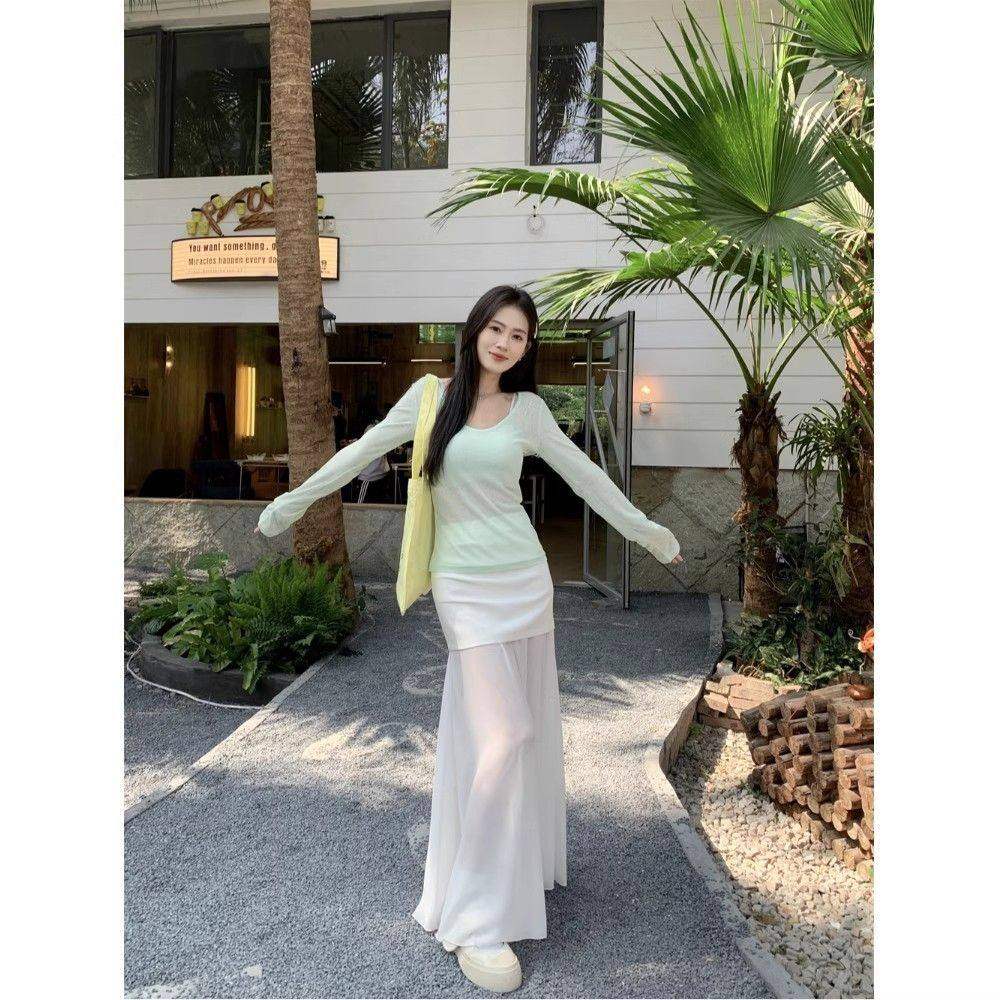 薄荷绿长袖T恤薄款防晒罩衫女吊带背心夏季网纱拼接半身裙三件套,女装/女士精品,时尚套装,淘宝优惠券,粉丝福利购,淘宝优惠卷