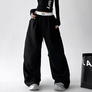 双腰头直筒阔腿裤 韩舞团黑色卫裤 休闲运动裤 高腰街头美式 子 女秋季